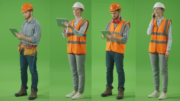 1スプリットグリーンスクリーンコラージュ ハード帽子と安全ジャケットを身に着けている幸せな若い男性と女性の土木技術者表のブループリントで完成品を比較します — ストック動画