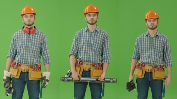 Collage Écran Vert Divisé Jeune Ouvrier Construction Barbu Portant Casque — Video