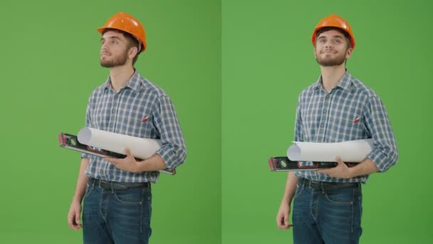 Split Green Screen Collage Young Bearded Civil Engineer Wearing Hard — Stock Video