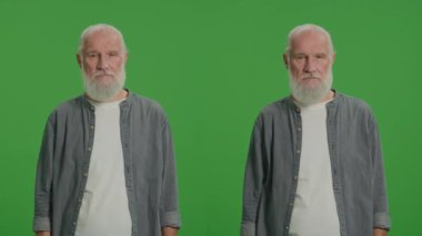 2 'ye 1 Yeşil Ekran Montajı. Öfkeli Yaşlı Adam Yasak ve Dur İşareti Gösteriyor. Yaşlı bir adam 