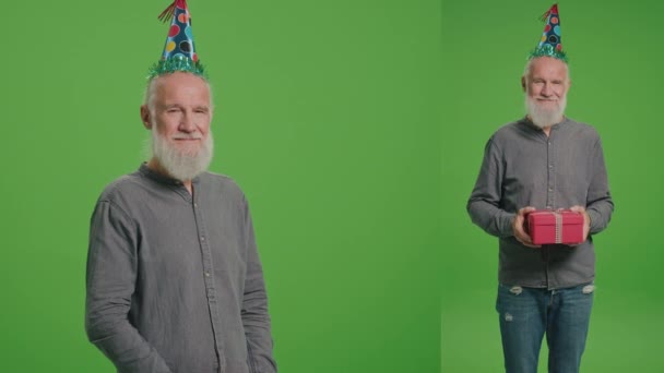 Split Green Screen Montage Portrait Old Man Birthday Hat Red — Stock Video