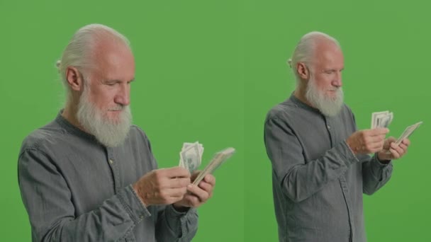 1スプリットグリーンスクリーンモンタージュ 米ドルで彼のお金を数える灰色のひげを持つ金持ちの老人 老人は手に米ドルのお金の量によって満足しています 年金の支給 — ストック動画