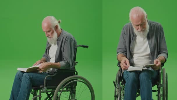 Split Πράσινο Μοντάζ Οθόνης Πορτρέτο Ενός Έξυπνου Γέρου Αναπηρική Καρέκλα — Αρχείο Βίντεο