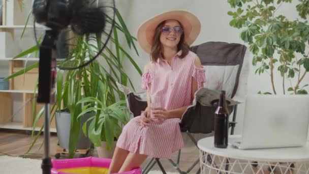 Smiling Young Woman Sunglass Beach Hat Working Online Home Houseplants — 비디오