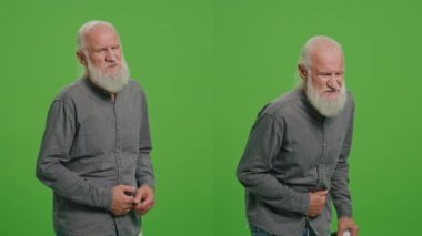 2 'ye 1 Yeşil Ekran Montajı. Yaşlı bir adamın portresinin mide ache 'si vardır. Yaşlı bir adam kendini hasta hissediyor, ağrılı dumanlı duygular yaşıyor ve hapları seçiyor. Bunak hastalıklarına karşı mücadele ediyor..
