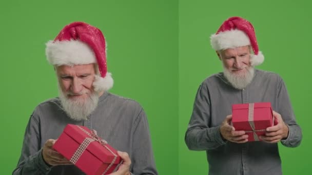 Split Green Screen Montage Portrait Eines Alten Mannes Mit Weihnachtsmütze — Stockvideo