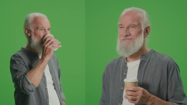 1スプリットグリーンスクリーンモンタージュ コーヒーカップを飲む灰色のひげを持つリラックスした老人 コーヒーブレイクを持つ笑顔の老人 高齢者向けコーヒー — ストック動画