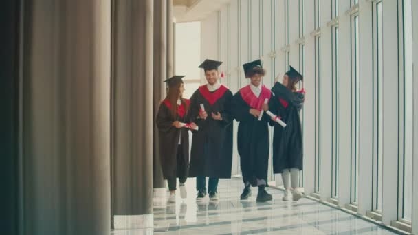 Graduados Felizes Bem Sucedidos Manto Boné Dando Cinco Altos Abraços — Vídeo de Stock