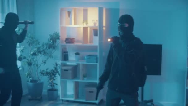 Two Robber Black Mask Broke Apartment House Criminals Night Flashlight — Stock Video