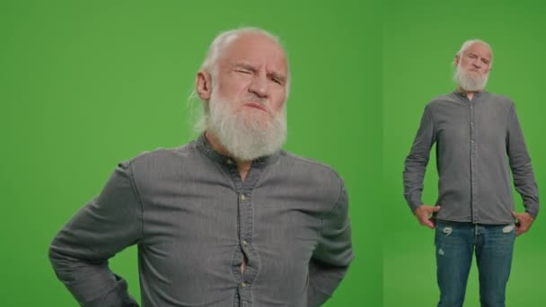 Split Green Screen Montage Portrait Eines Alten Mannes Hat Rückenschmerzen — Stockvideo
