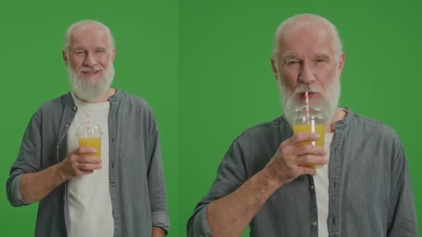 Split Green Screen Montage Portrait Smiling Old Man Drinks Orange — Stock Video