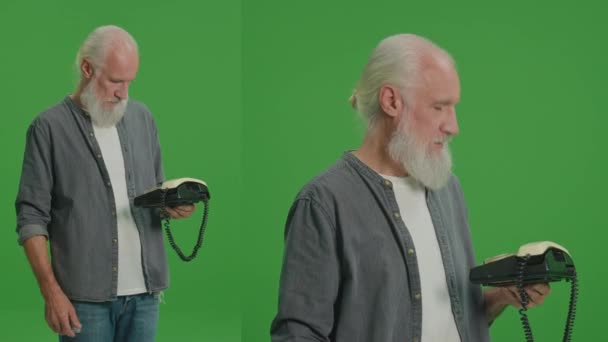 1スプリットグリーンスクリーンモンタージュ 灰色の髭を生やした老人がヴィンテージ電話で話している ヴィンテージ電話のためのノスタルジア シニアのための古典的な電話とデザイン — ストック動画