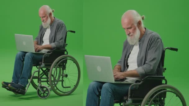 Split Green Screen Montage Old Man Wheelchair Pracuje Laptopie Starszy — Wideo stockowe