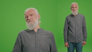 2 'de 1 Yeşil Ekran Montaji. Yaralı Omuzlu Yaşlı Bir Adamın Portresi. Yaşlı bir adam midesi bulanıyor ve omuz ağrısı çekiyor. Kronik Hastalıklara Destek.