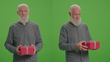 2 'de 1 oranında bölünmüş yeşil ekran montaji. Kırmızı hediye kutusu olan yaşlı bir adamın portresi. Yaşlı bir adam hediyeyi inceler ve başparmağını kaldırır. Tatil Sevkiyat Teslimatı Konsepti.
