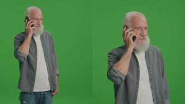 2 'ye 1 Yeşil Ekran Montajı. Gri sakallı, gülümseyen yaşlı bir adam telefonda konuşuyor. Kıdemli Teknoloji Kullanıcıları için Güvenlik ve Gizlilik Endişeleri. Yaşlılar için Gelişen Teknolojiler.