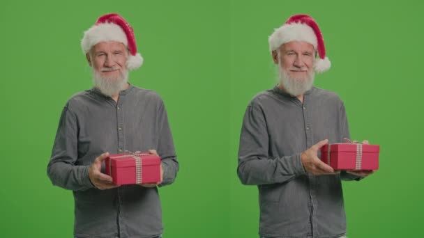 Split Green Screen Montage Retrato Homem Velho Chapéu Santa Com — Vídeo de Stock