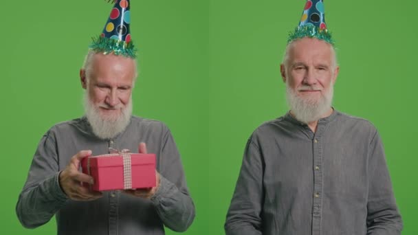 Split Green Screen Montage Portrait Eines Alten Mannes Mit Geburtstagsmütze — Stockvideo