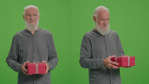 Split Green Screen Montage Portrait Old Man Red Gift Box — Stock Video