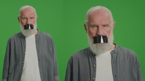 Split Green Screen Montage Portrait Angry Old Man Taped Mouth — Stock Video