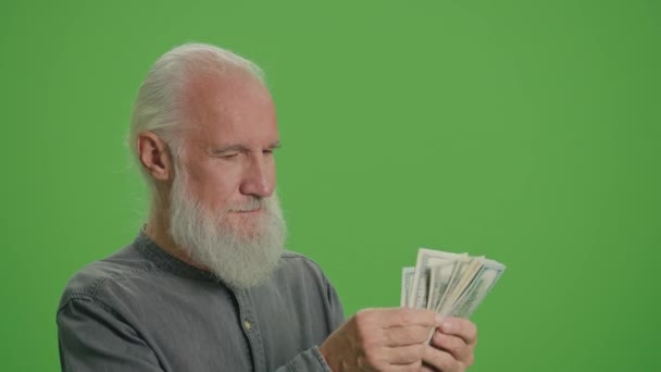 緑の画面 米ドルで彼のお金を数える灰色のひげを持つ金持ちの老人 老人は手に米ドルのお金の量によって満足しています 年金の支給 — ストック動画