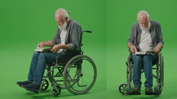 Split Green Screen Montage Retrato Velho Inteligente Uma Cadeira Rodas — Vídeo de Stock