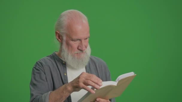 绿色屏风 一个长着白胡子的聪明老人的画像 一个老年人翻阅着一本书的书页 康乐活动 康乐活动概念 — 图库视频影像