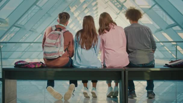 Pohled Zezadu Studenty Sedící Lavičce Předsíni Univerzity Během Přestávky Mladí — Stock video