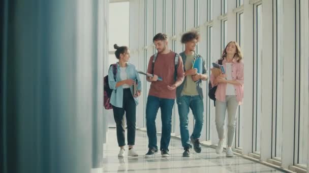 Grupo Estudantes Caminham Até Sala Aula Conversam Caminhando Com Livros — Vídeo de Stock