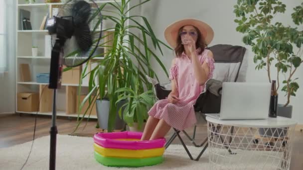 Sad Young Woman Sunglasses Beach Hat Working Online Home Houseplants — Stock Video