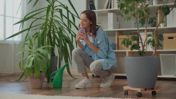 Smiling Young Woman Takes Care Indoor Plants Cozy Home Interior — Vídeo de stock