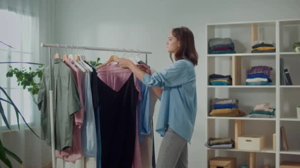 Woman Sorts Her Wardrobe Find Right Clothes Season Concentrated Woman — Stock videók