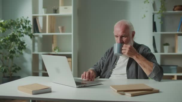 Hombre Negocios Sonriente Tomando Café Trabajo Desde Casa Retrato Anciano — Vídeo de stock