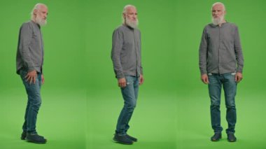 Üçü bir arada Yeşil Ekran Montaji. Bacağında ve dizinde ağrı olan yaşlı bir adam. Yaşlı bir adam hasta, bacağı ağrıyor ve dizleri ağrıyor. Hastalıktan Sonra Yaşam.