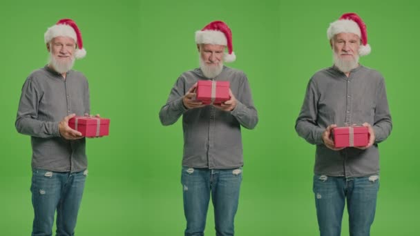 Split Green Screen Montage Porträt Eines Alten Mannes Mit Weihnachtsmütze — Stockvideo
