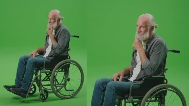 Split Green Screen Montage Thoughtful Old Man Wheelchair Rubs His — Stock Video