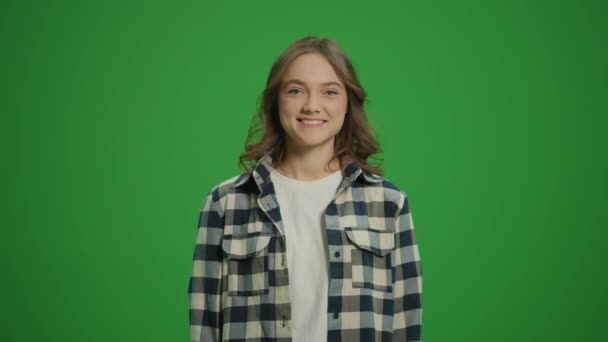 Green Screen Portrait Smiling Young Woman Yellow Gloves Holding Cleaning — Stok Video