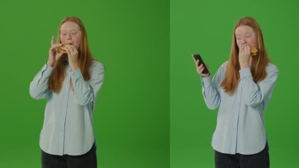 スプリット垂直ビデオ グリーンスクリーンガールは同時にバーガーを食べている間 彼女の携帯電話でブラウズします 現代のマルチタスクのスナップショットとファストフード文化とのデジタルライフの融合 — ストック動画