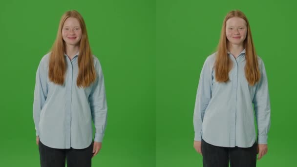 Rozdzielony Zielony Ekran Rozkoszna Dziewczyna Tworzy Serce Dłońmi Promieniując Miłością — Wideo stockowe
