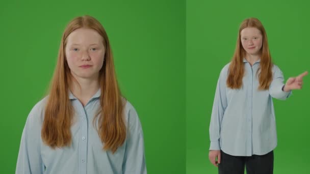 Yeşil Ekran Kararlı Bir Kız Parmağını Sağa Sola Sallıyor Açıkça — Stok video