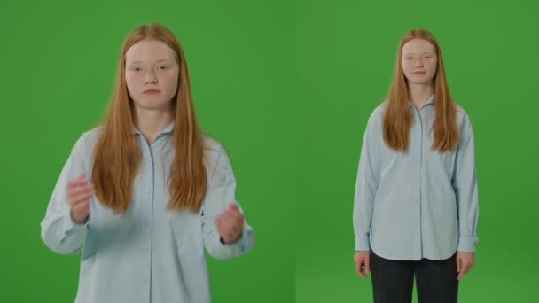 Rozdzielony Zielony Ekran Dziewczyna Stoi Defily Krzyżowanych Ramion Exuding Nieprzyjemności — Wideo stockowe