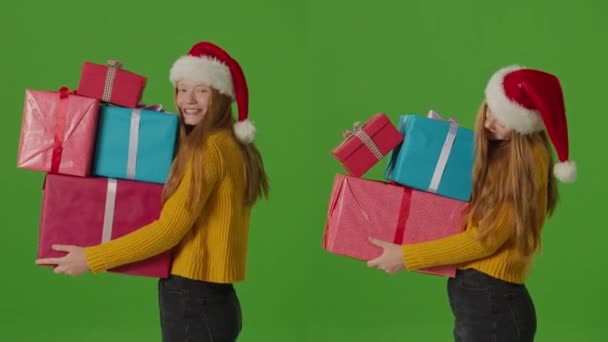 Yeşil Ekranı Ikiye Böl Çekici Noel Baba Şapkalı Genç Kız — Stok video
