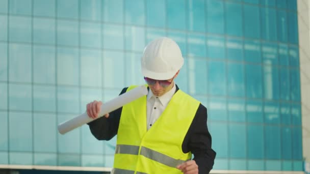 Male Engineer Architect Helmet Protective Jacket Holds Documents His Hands — Stock Video