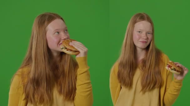 2比1的分割绿色屏幕 年轻迷人的女孩喜欢吃美味的大汉堡 现代社会健康选择与快餐诱惑的反差 反式脂肪 — 图库视频影像