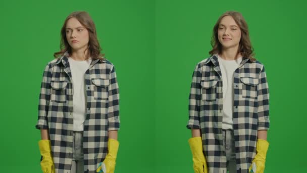 Split Green Screen Montage Young Woman Housewife Yellow Gloves Holding — Vídeos de Stock