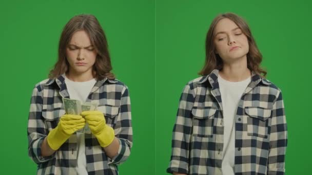 Split Green Screen Montage Eine Ernsthafte Junge Frau Hausfrau Gelben — Stockvideo