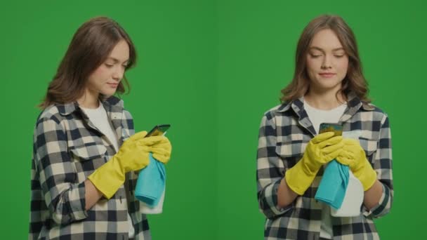Split Green Screen Montage Μια Ευτυχισμένη Νεαρή Γυναίκα Κίτρινα Γάντια — Αρχείο Βίντεο