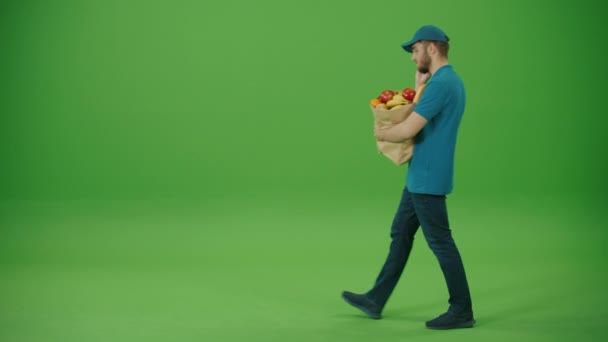 緑のスクリーン配達人は食糧が付いているペーパー袋を持って来ます クライアントに注文を配信する方法に関するクーリエ 配達人労働者はオンライン順序の顧客を渡します — ストック動画