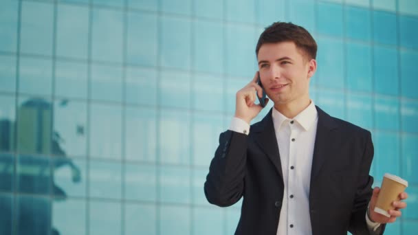 Male Engineer Architect Talking Phone Formal Suit Coffee Break Standing — Stock Video