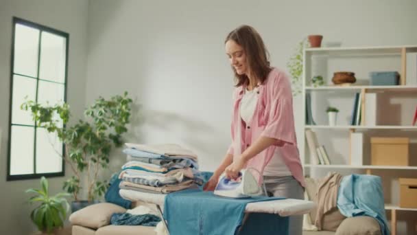 Happy Woman Housewife Dancing While Ironing Clothes Home Young Woman — Stock Video